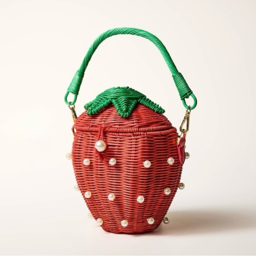 Red Woven Handbag with Pearl Accents